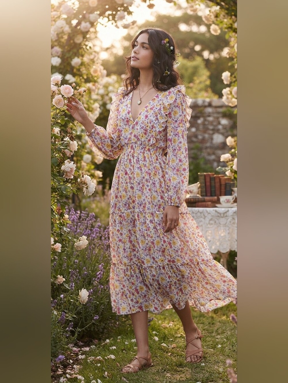 Forever 21 White Floral Ruffle Midi Dress - Pink & Yellow